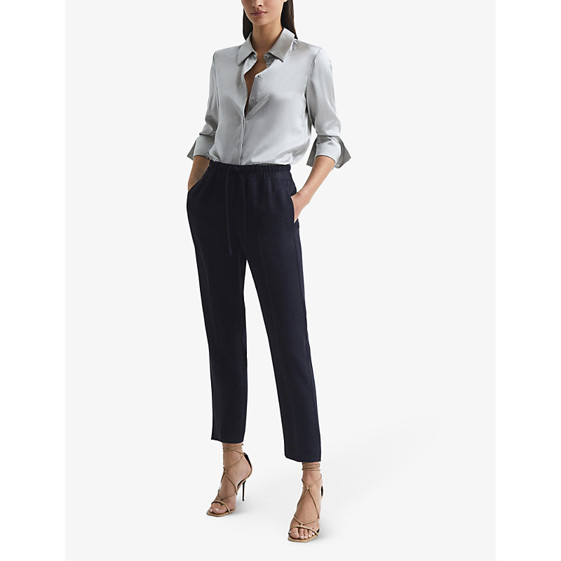 Shop Reiss Women's Navy Hailey Drawstring-waist Tapered-leg Recycled Polyester-blend Trousers