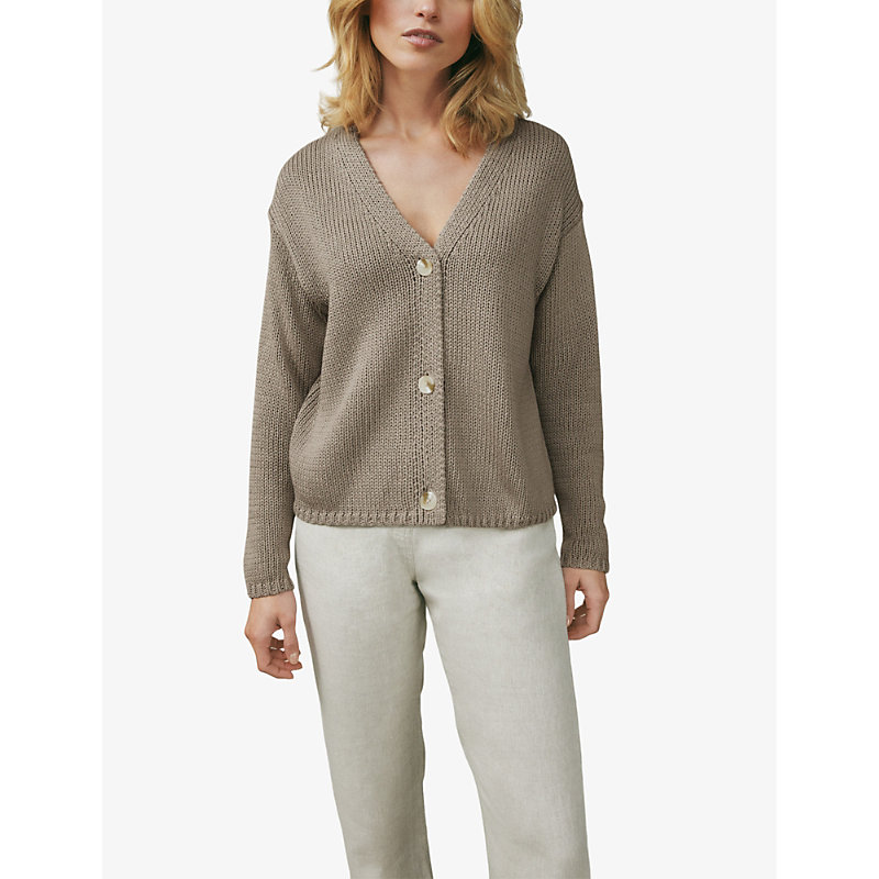 Shop The White Company Buttoned V-neck Cotton-knit Cardigan In Shell