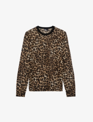 Leopard-print contrast-trim cashmere sweatshirt