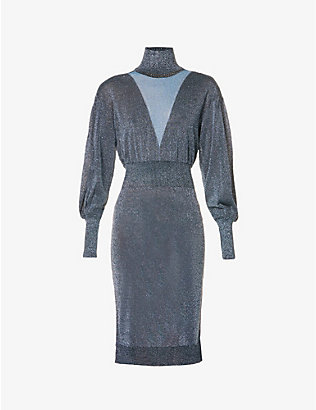 PACO RABANNE: Contrast-panel roll-neck woven midi dress