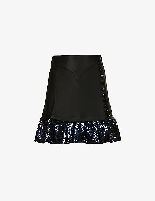 PACO RABANNE: Sequin-embellished ruffle-hem stretch-woven mini skirt