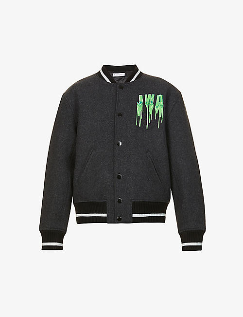 JW ANDERSON: Graphic-embroidered boxy-fit wool-blend varsity jacket