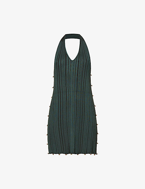 BOTTEGA VENETA: Plissé bead-embellished woven mini dress
