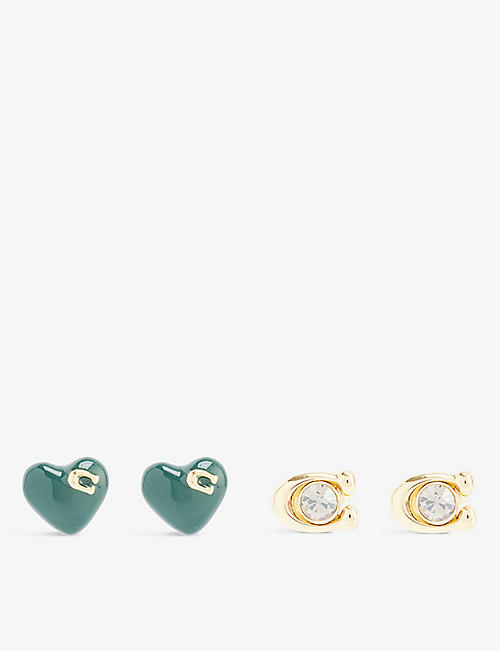 COACH: Heart and initial enamel and metal stud earrings pack of two