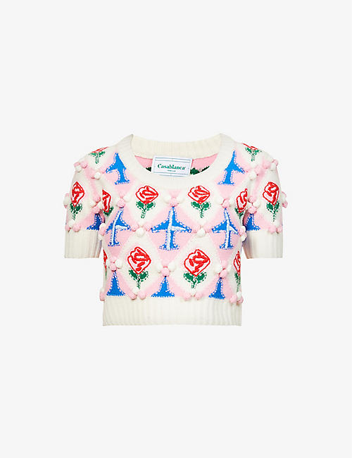 CASABLANCA: Graphic-embroidered short-sleeve wool top