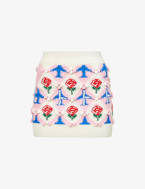 CASABLANCA: Embroidery-embellished geometric-knit wool mini skirt