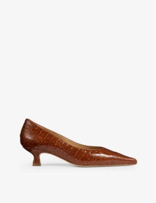 Lk Bennett Dakota Croc-effect Kitten-heel Leather Court Shoes In Ora-ginger