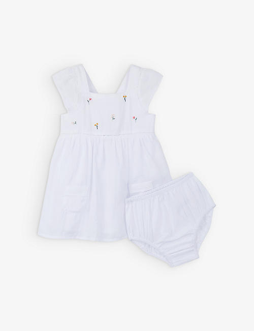 THE LITTLE WHITE COMPANY: Floral-embroidered open-back cotton dress 0-18 months