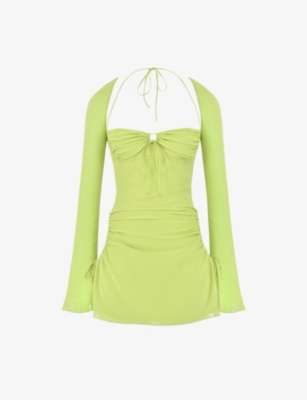 House Of Cb Baby Halter Long Sleeve Minidress In Lime