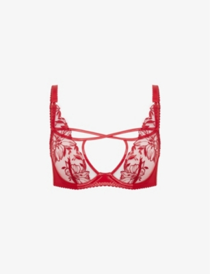 Red Ozella underwired embroidered-tulle plunge bra