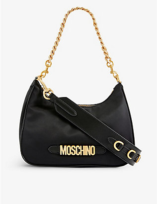 MOSCHINO: Lettering logo-plaque curved shell shoulder bag