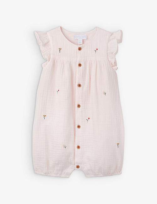 THE LITTLE WHITE COMPANY: Floral-embroidered short-sleeve cotton romper 0-24 months