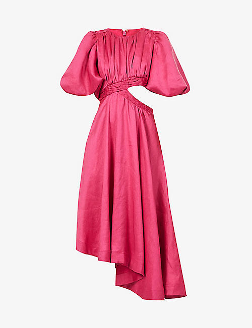AJE: Tidal puff-sleeve linen-blend midi dress