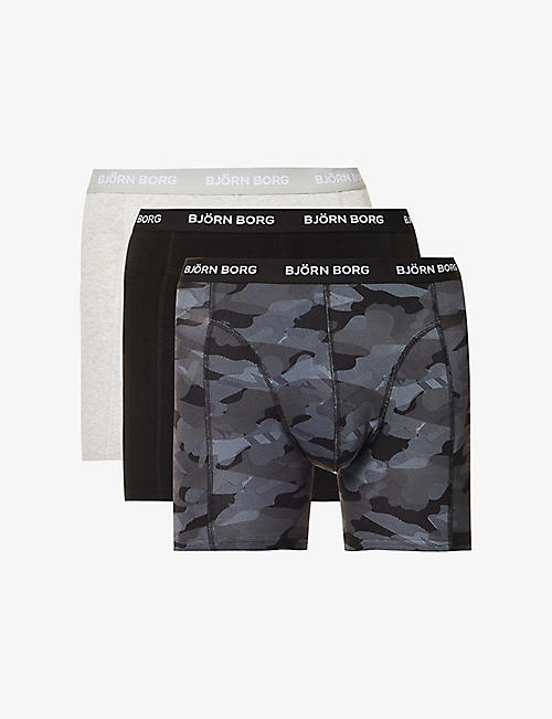 BJORN BORG: Logo-waistband mid-rise pack of three stretch-cotton boxers