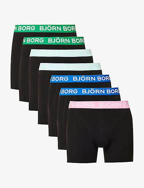 BJORN BORG: Logo-print contrasting-waistband pack of seven stretch-cotton boxers