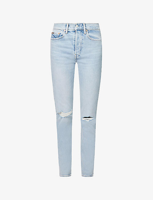 POLO RALPH LAUREN: Distressed tapered-leg high-rise stretch-denim jeans