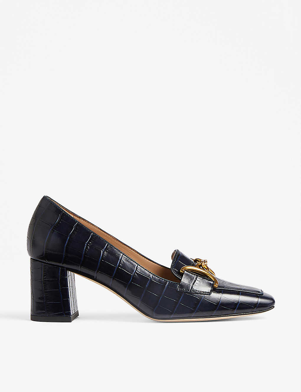 Lk Bennett Samantha Snaffle-detail Croc-embossed Leather Court Shoes In Blu-midnight