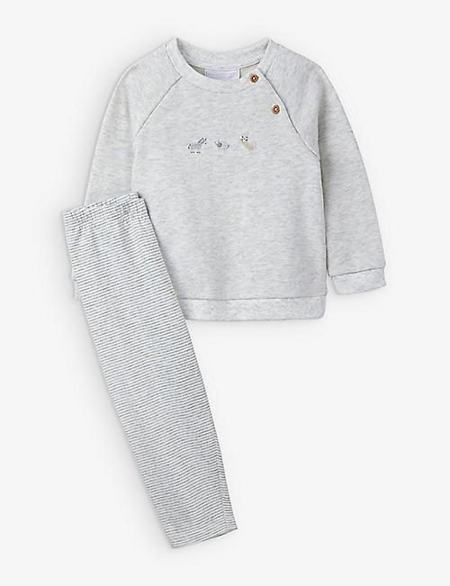 THE LITTLE WHITE COMPANY: Animal-embroidered cotton sweatshirt and trousers two-piece set 0-24 months