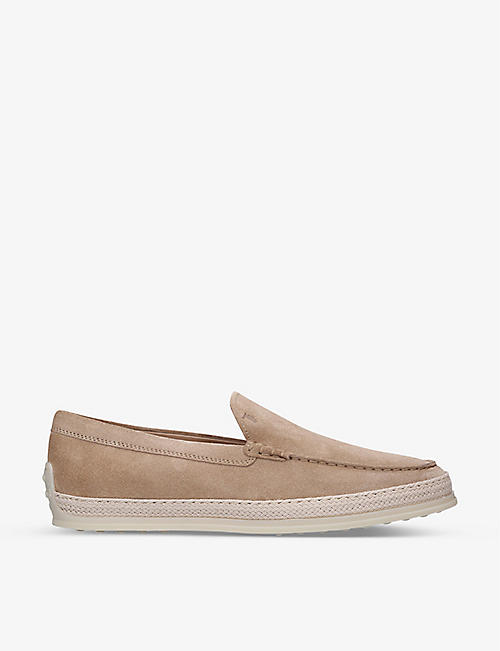 TODS: Raffia-trimmed suede loafers