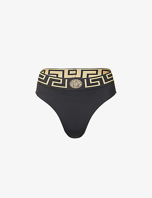 VERSACE: Greca branded-waistband high-rise bikini bottoms