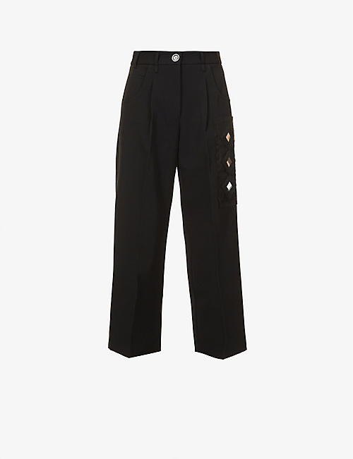 SONG FOR THE MUTE: Mirror-embellished straight-leg mid-rise wool trousers