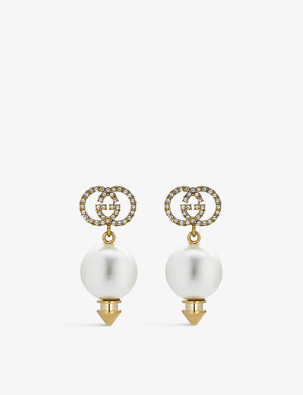 Gucci Interlocking-g Brass And Drop Pearl Earrings In Yellow Gold