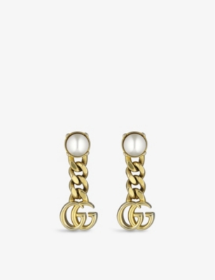 GUCCI GUCCI WOMEN'S YELLOW GOLD DOUBLE-G BRASS AND GLASS PEARL EARRINGS,59472804