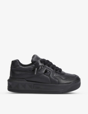 Shop Valentino Garavani Men's Black One Stud Brand-embossed Leather Low-top Trainers