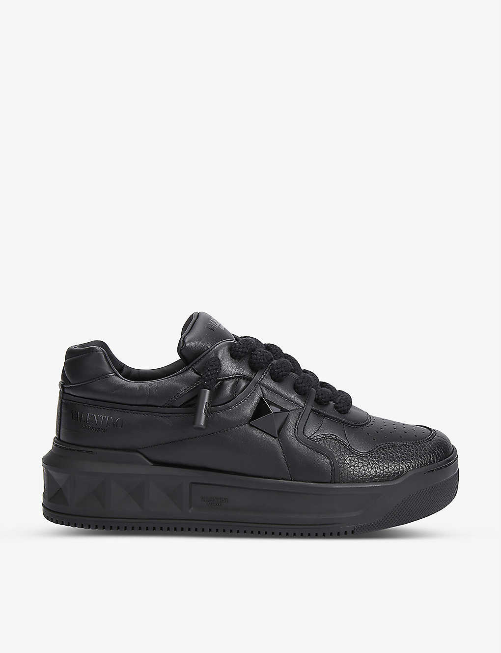 Shop Valentino One Stud Brand-embossed Leather Low-top Trainers In Black