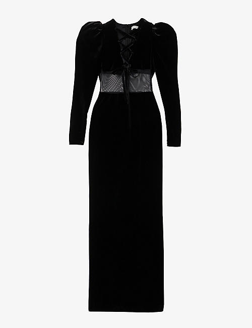 ALESSANDRA RICH: Puffed-sleeve sheer-panel velvet maxi dress