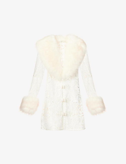 ALESSANDRA RICH: Shawl-collar embroidered faux-fur lace coat