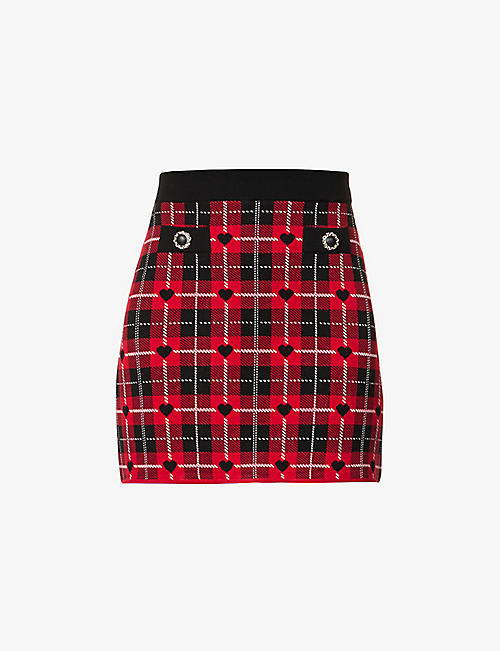 ALESSANDRA RICH: Heart-print tartan knitted mini skirt
