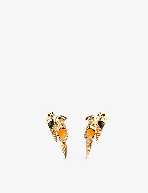 LA MAISON COUTURE: Sonia Petroff Parrot 24ct yellow gold-plated brass, topaz and onyx earrings