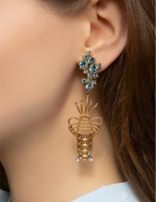 LA MAISON COUTURE: Sonia Petroff Lobster aquamarine, diamond and 24ct yellow gold-plated brass earrings