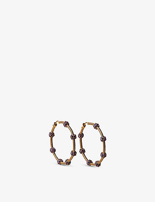 LA MAISON COUTURE: Sonia Petroff 24ct yellow gold-plated brass, amethyst, and Swarovski crystals hoop earrings