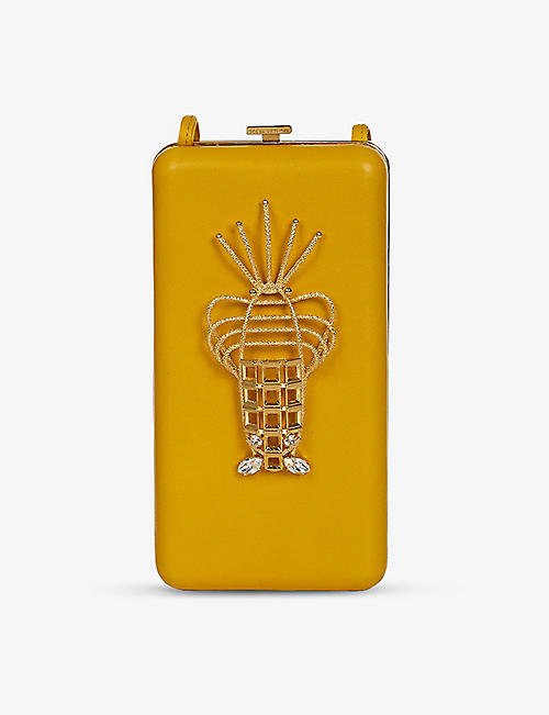 LA MAISON COUTURE: Sonia Petroff Lobster 24ct yellow gold-plated brass and Swarovski crystal-embellished leather clutch bag