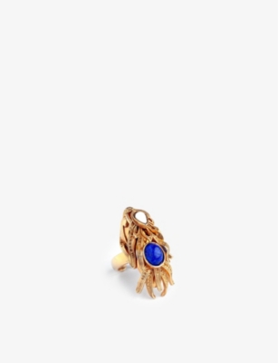 LA MAISON COUTURE: Sonia Petroff Dragon Fish 24ct yellow gold-plated brass, agate and lapis lazuli ring