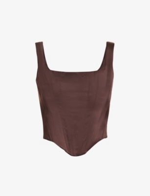 House Of Cb Rafa Curved-hem Satin Top In Chocolate