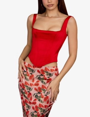 Shop House Of Cb Rafa Curved-hem Satin Top In Red