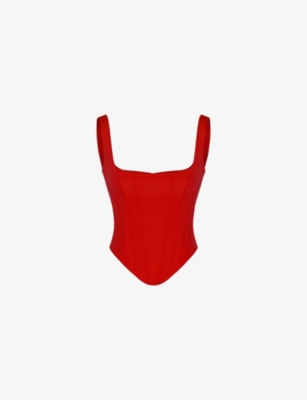 House Of Cb Rafa Satin Longline Corset Top In Red