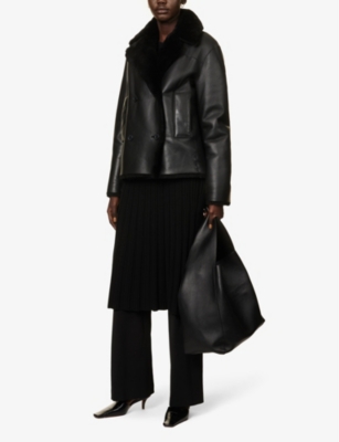 Shop Joseph Women's Black Calla Notched-lapel Leather And Shearling Coat