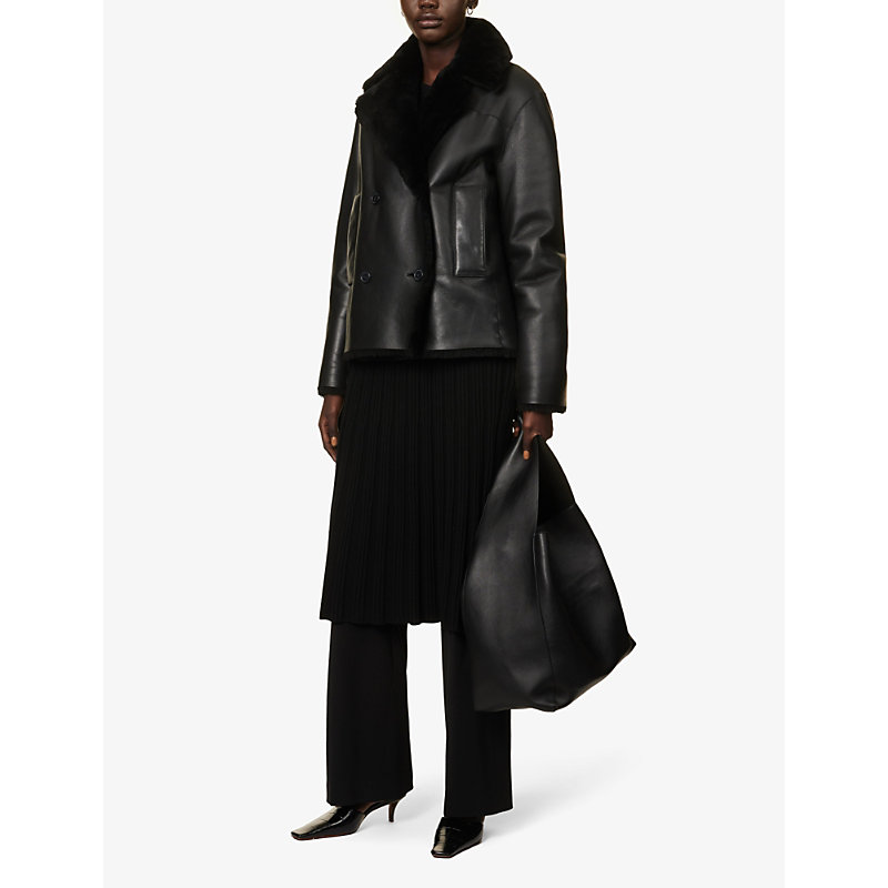 Shop Joseph Calla Notched-lapel Leather And Shearling Coat In Black