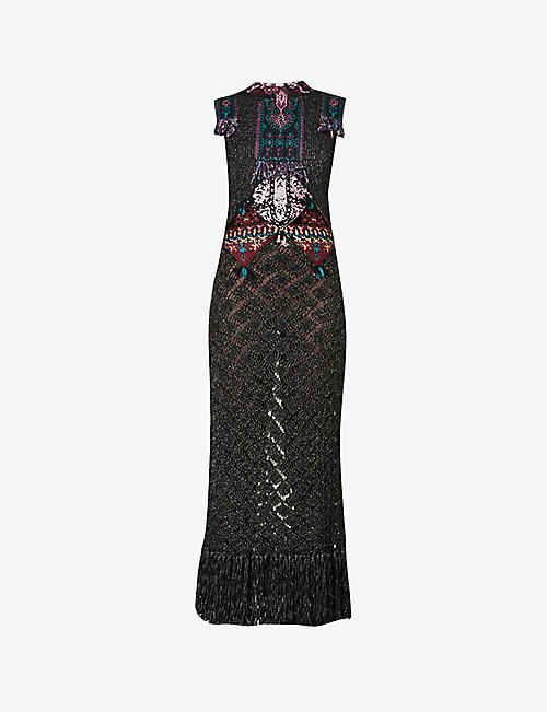 ETRO: Lola abstract-pattern slim-fit wool-blend knitted maxi dress