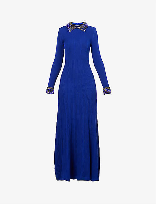 ALBERTA FERRETTI: Bead-embellished flared-hem virgin wool maxi dress