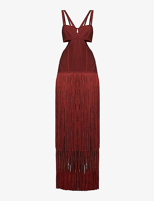 HERVE LEGER: Fringed-hem cut-out recycled rayon-blend gown