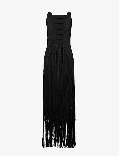 HERVE LEGER: Cut-out fringed recycled rayon-blend maxi dress