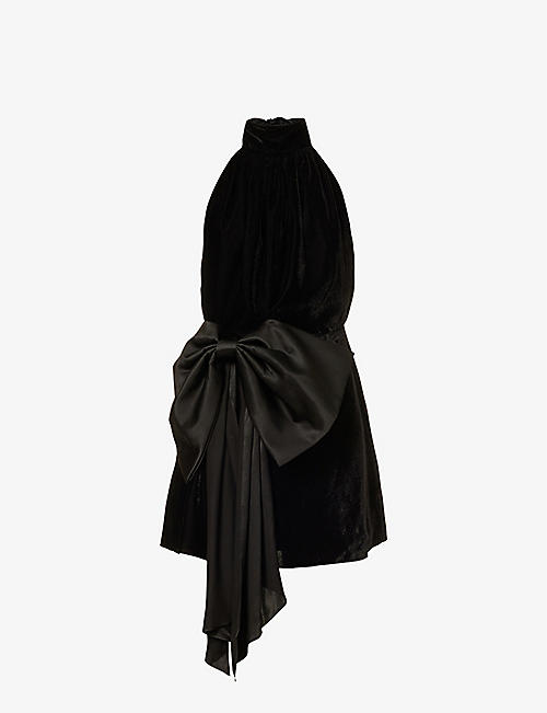 HARMUR: Bow-embellished halter-neck velvet mini dress