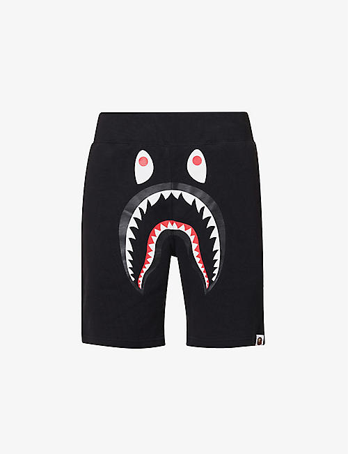 A BATHING APE：鲨鱼图案印花平纹针织棉运动短裤