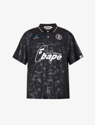 A Bathing Ape Mens Black Soccer Logo-print Woven Polo Shirt ModeSens