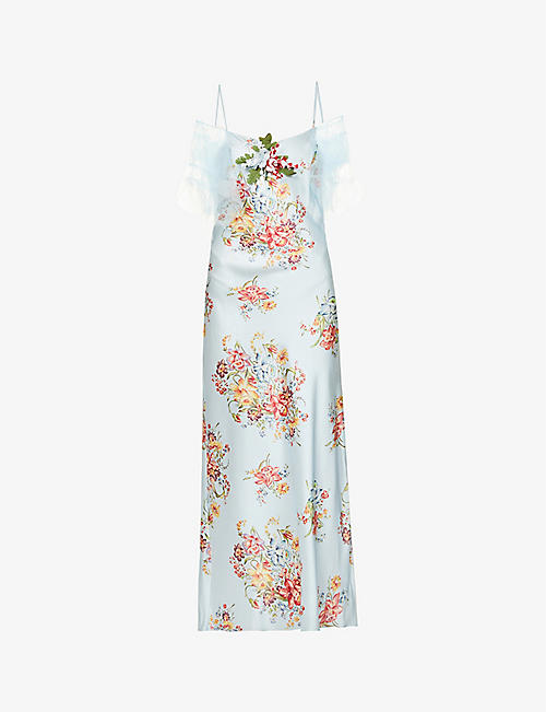 RODARTE: Floral-print ruffled-shoulder silk midi dress